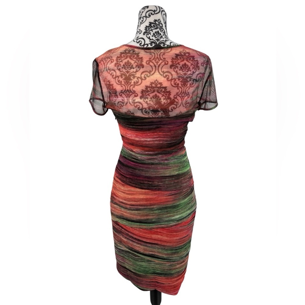 BCBG MaxAzria Donna Colorful Ruched Unique Mesh Bodycon Cap Sleeve Sheath Dress - Picture 12 of 16